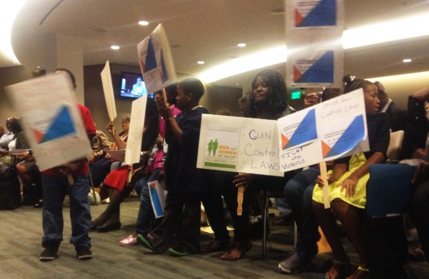Richmond residents from anti-violence groups in the city came out to Tuesday night's meeting in support of an agenda item to direct city staff to research what, if anything, can be done by the city to strengthen gun control laws. (Photo by: Jennifer Baires)